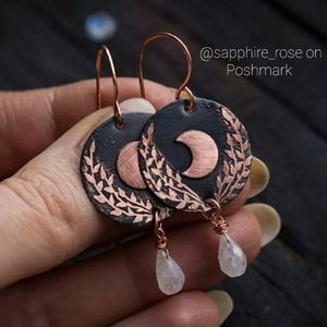 Copper Crescent Moon & Laurels Moonstone Drople Womens Earrings  Jewelry Accesso